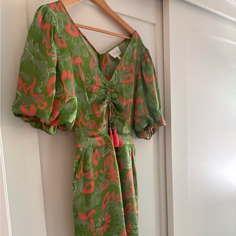 Cleobella Green and Coral Puff-Sleeve Midi Dress with Tassel Tie